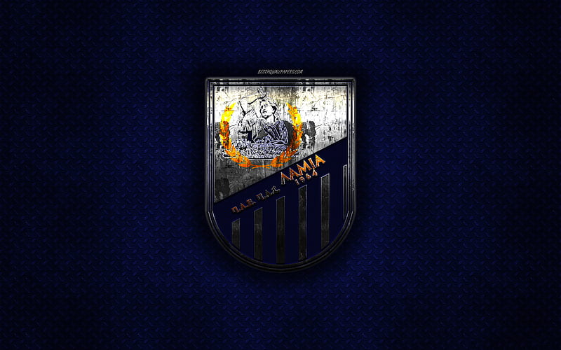 PAS Lamia 1964, Greek football club, blue metal texture, metal logo, emblem, Lamia, Greece, Super League Greece, creative art, football, HD wallpaper