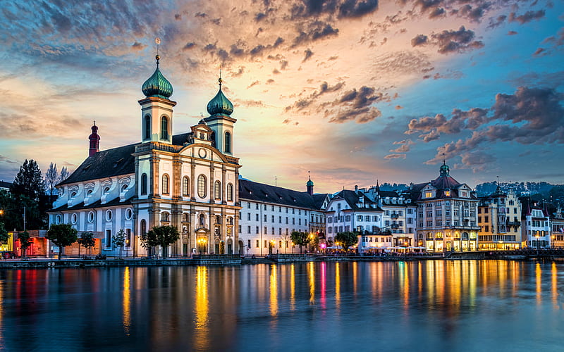 Lucerne, evening, Reuss River, street, swiss cities, Wasserturm, Switzerland, Europe, Lucerne in evening, HD wallpaper