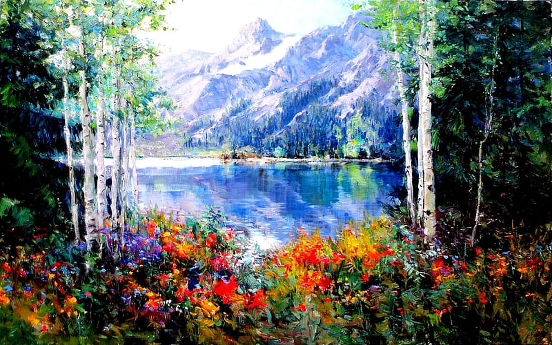 Naturwe, painting, flower, nature, lake, landscape, HD wallpaper