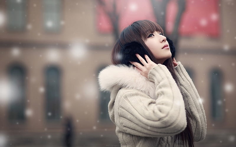 Girl asian jacket snow winter-Beauty, HD wallpaper