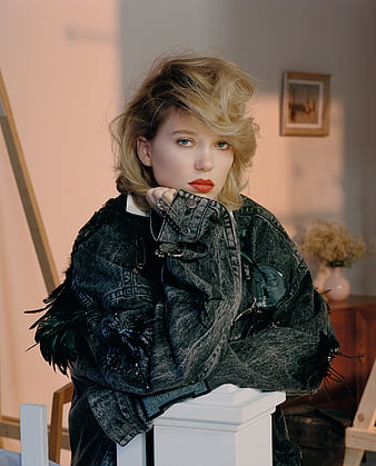 Léa Seydoux, blue eyes, looking away, blonde, women, red nails, portrait,  shoulder length hair, HD phone wallpaper
