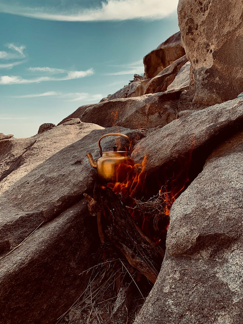 rocks, stones, fire, kettle, camping, HD phone wallpaper