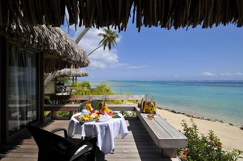 Breakfast at The Beach Tahiti, polynesia, hut, villa, eat, sea, beach, fruit, bora bora, sand, two, table, exotic, islands, food, ocean, breakfast, paradise, island, tahiti, tropical, HD wallpaper