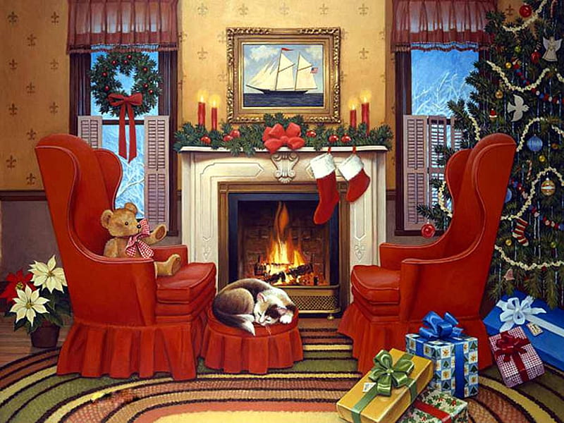 Cozy Hearth, christmas tree, red chairs, garland, fireplace, chairs, poinsettia, holiday, christmas, cat, area rug, candles, wreaths, windows, stockings, ottoman, teddy bear, gifts, HD wallpaper