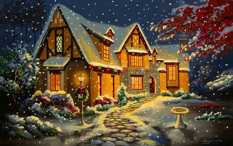 Christmas house, art, house, lovely, christmas, holiday, bonito, sky, eve, lights, winter, snow, snowflakes, snowfall, painting, evening, night, HD wallpaper