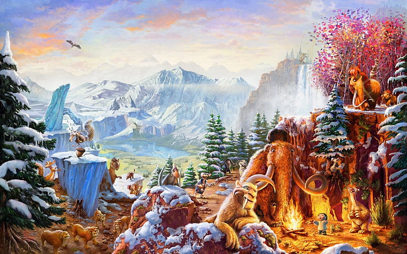Ice Age, art, orange, thomas kinkade, animal, winter, fire, fantasy, painting, pictura, disney, HD wallpaper