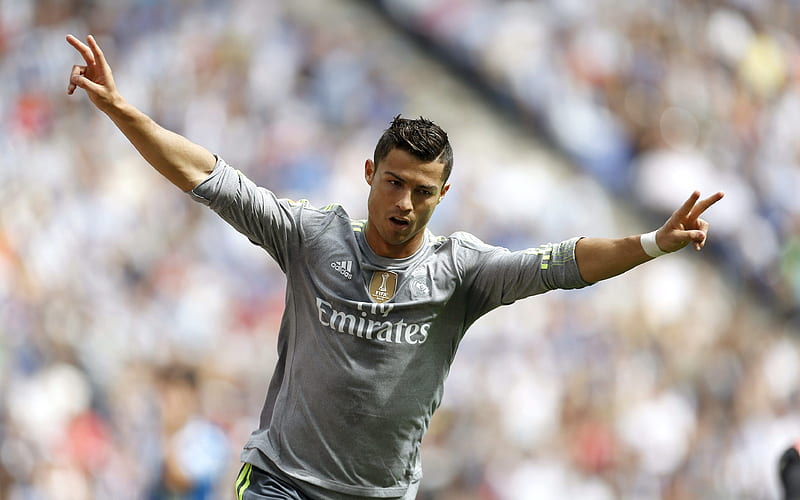 Cristiano Ronaldo Real Madrid, Spain, La Liga, gray T-shirts, CR7, soccer star, HD wallpaper