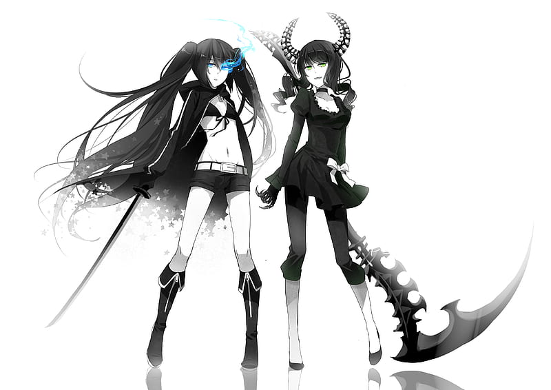 Dynamic Duo, dead master, glowing eye, scythe, anime black rock shooter, takanashi yomi, kuroi mato, horns, HD wallpaper