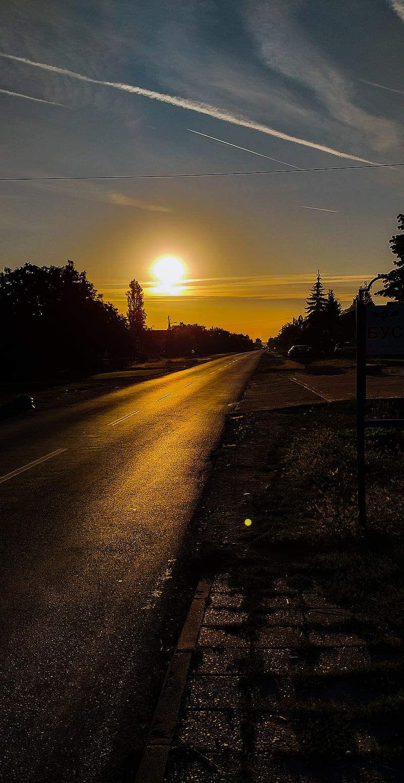 Sun, black, gold, highway, lonely, morning, novi sad, road, HD phone wallpaper