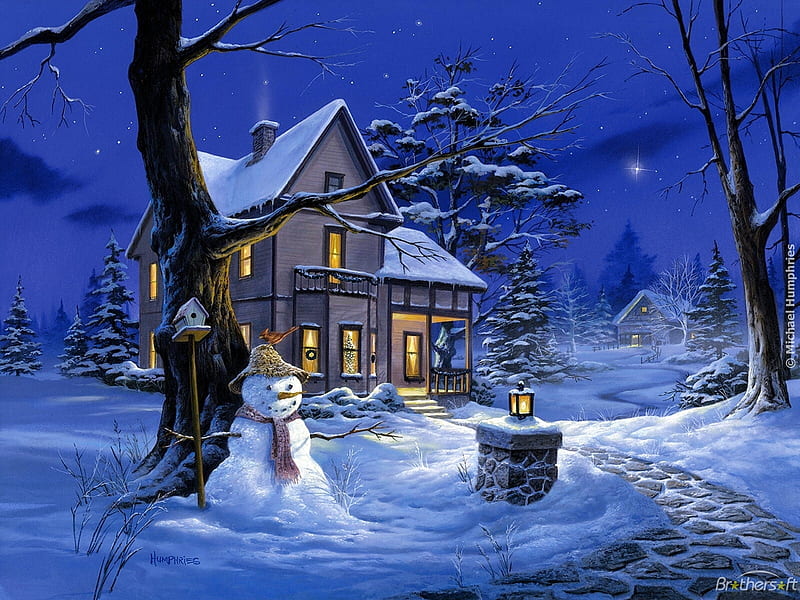 Once Upon a Winters Night, walkway, snow, home, snowman, pines, lights ...