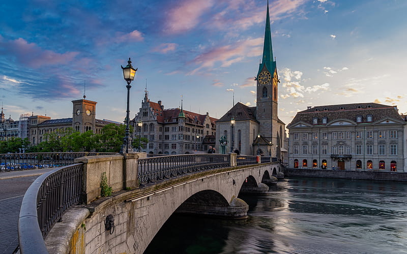 Zurich, Fraumunster, Limmat, stone old bridge, Imperial Abbey of Fraumunster, chapel, Zurich cityscape, landmark, Switzerland, HD wallpaper