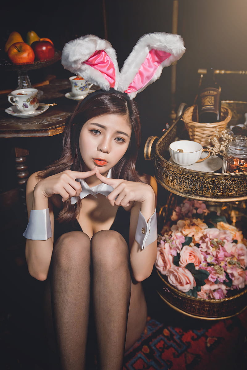 bunny ears, Asian, women, model, sitting, women indoors, HD phone wallpaper