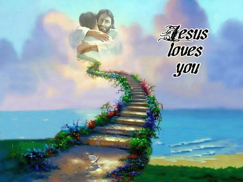 Jesus loves you, blessing, grass, stairs, easter, clouds, prayer, sea, jesus, love, heaven, flowers, harmony, sky, hold, caring, paradise, steps, god, faith, HD wallpaper