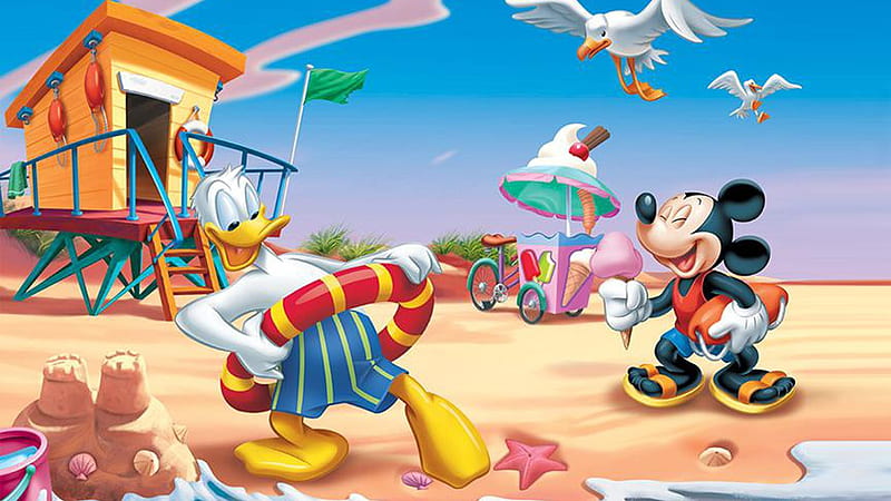 Mickey on the beach, cute, beach, summer, donald duck, funny, mickey mouse, disney, HD wallpaper