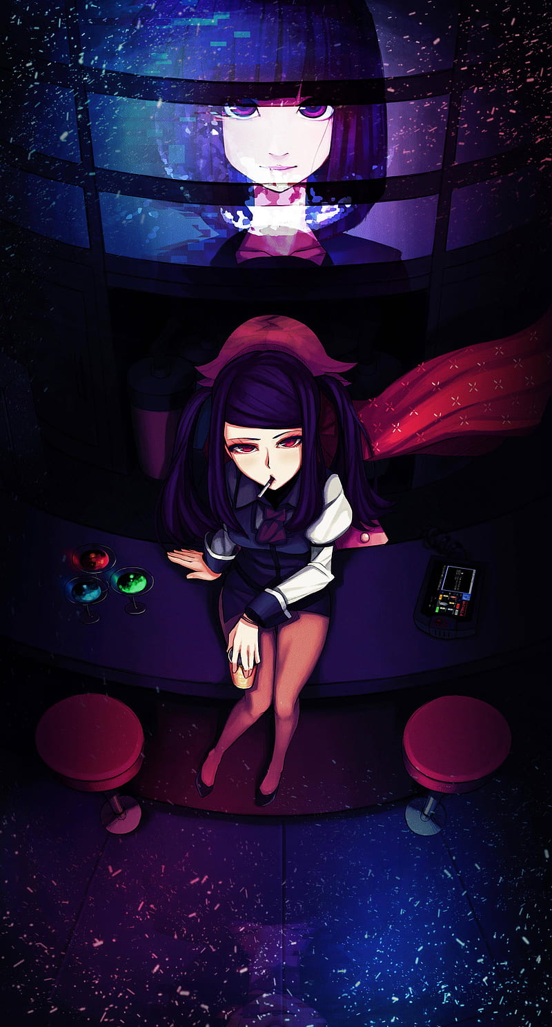va-11 hall-a, Julianne Stingray, Anna Graem, looking at viewer, bar, VA-11 Hall-A: Cyberpunk Bartender Action, cocktail, cocktails, cigarettes, red eyes, purple eyes, scarf, ponytail, HD phone wallpaper