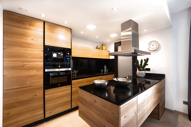 brown wooden kitchen cabinet, HD wallpaper