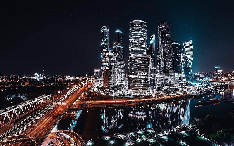 Moscow City, nightscapes, modern buildings, cityscapes, Russia, skyscrapers, Moscow, HD wallpaper