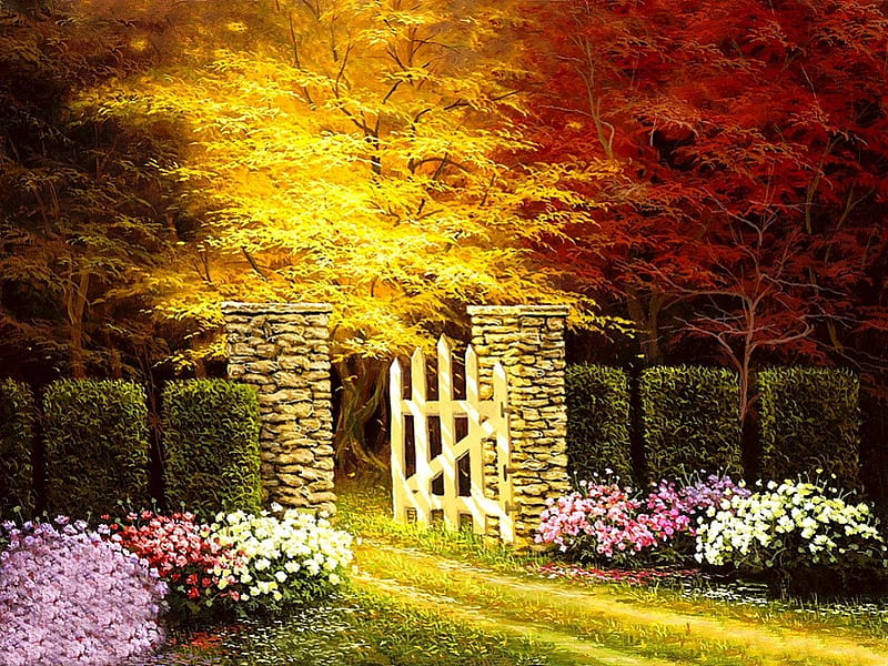 Open garden, pretty, fence, lovely, romantic, colors, bonito, park, trees, door, splendor, flowers, color, garden, way, HD wallpaper
