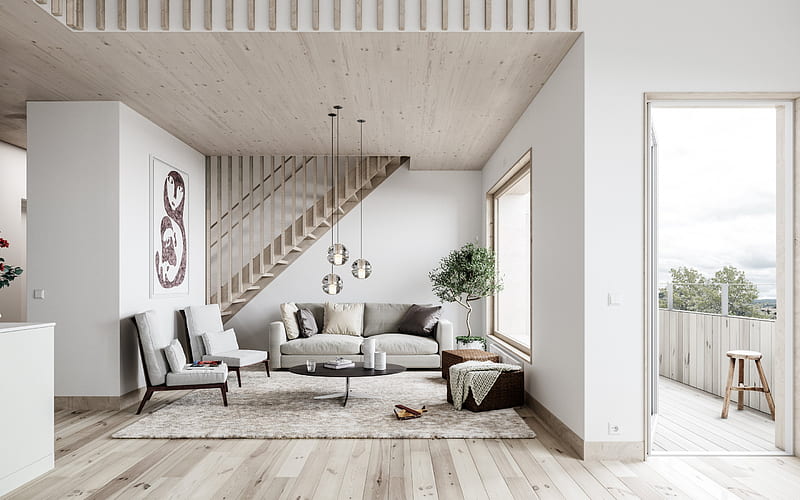 stylish interior of the living room, white walls, light wooden ceiling, Scandinavian style, modern interior design, HD wallpaper