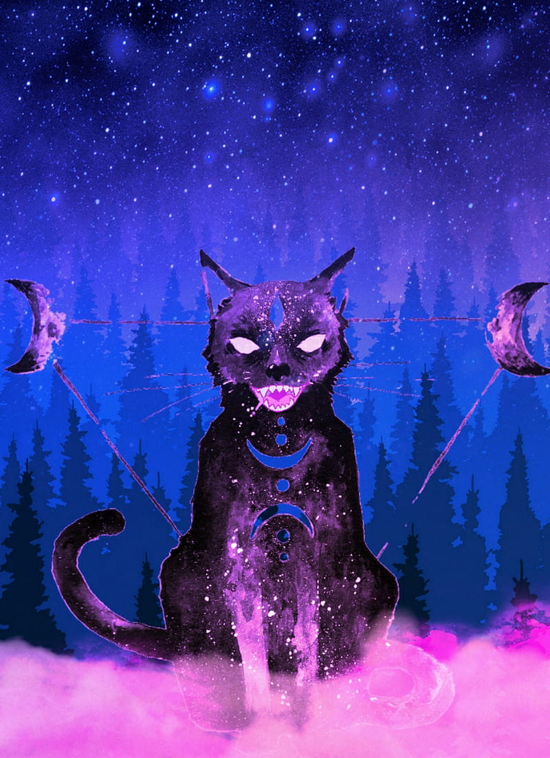 Midnight Feline, black cat, cat, goddess, kitty, magic, moon, night, wicca, wiccan, woods, HD phone wallpaper