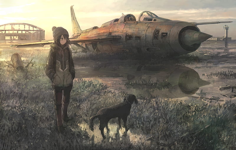 anime girl, dog, wrecked aircraft, hoodie, water, pond, artwork, Anime, HD wallpaper