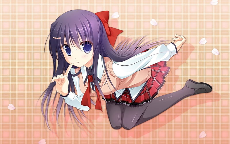 Yuki Natsume, red background, blush, hair anime, light, blue, ribbon, skirt, cute, school, girl, purple, uniform, dark, violet, eyes, HD wallpaper