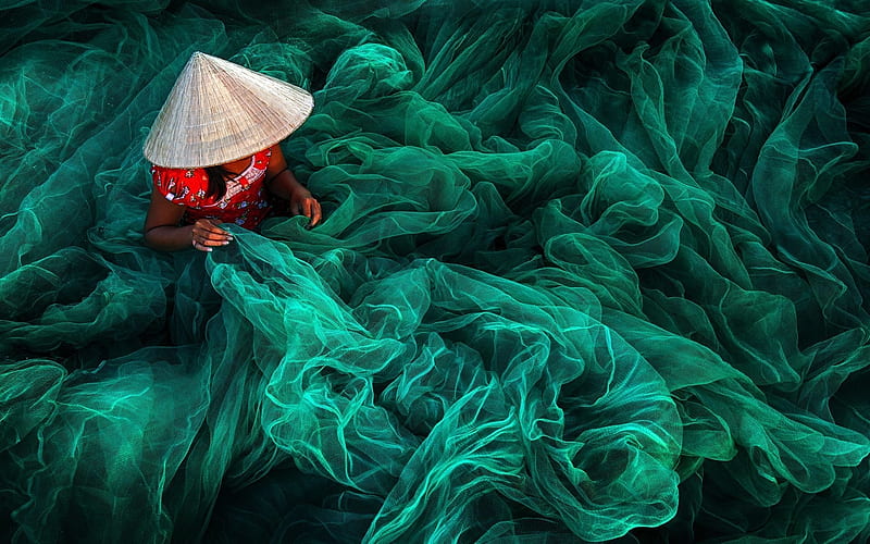 Women with fishnet, net, fish, vietnam, Women, HD wallpaper