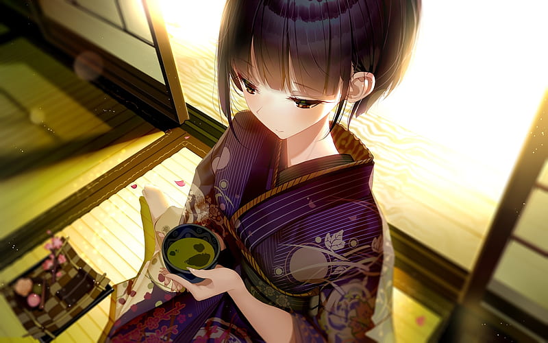 kimono, indoors, anime girl, black hair, green tea, sunlight, Anime, HD wallpaper