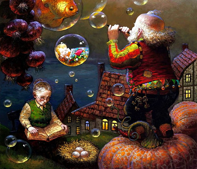 Grandmother's tales, art, luminos, grandmother, fantasy, painting, bubbles, pictura, victor nizovtsev, grandfather, HD wallpaper