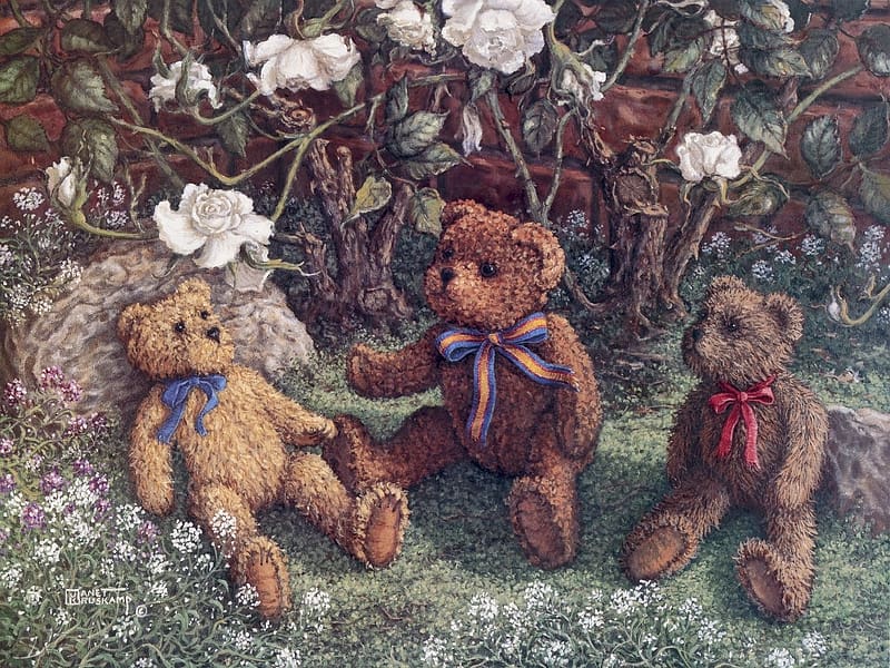 :), teddy bear, art, janet kruskamp, painting, flower, pictura, stuff, toy, magnolia, spring, HD wallpaper