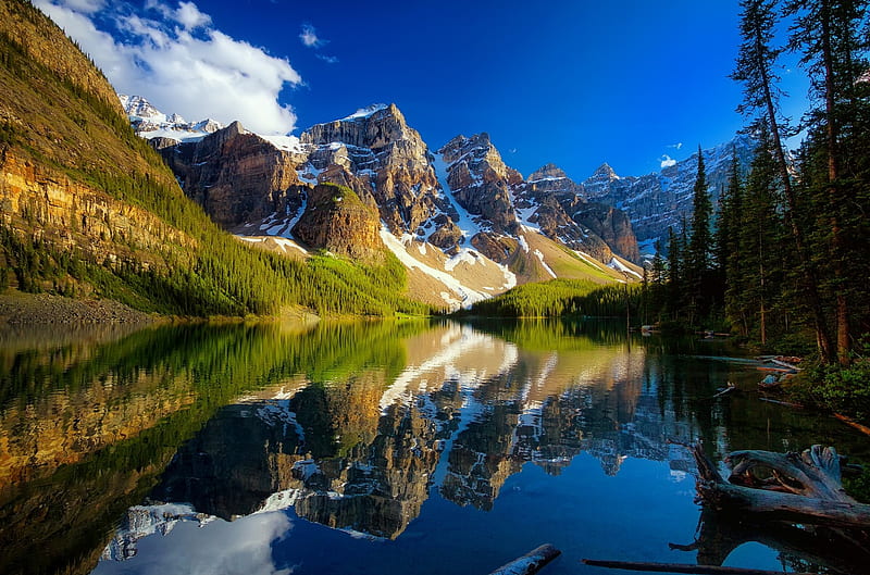 Moraine lake, shore, landscaoe, bonito, sky, lake, mountain, serenity, moraine, national park, Banff, mirror, reflection, HD wallpaper