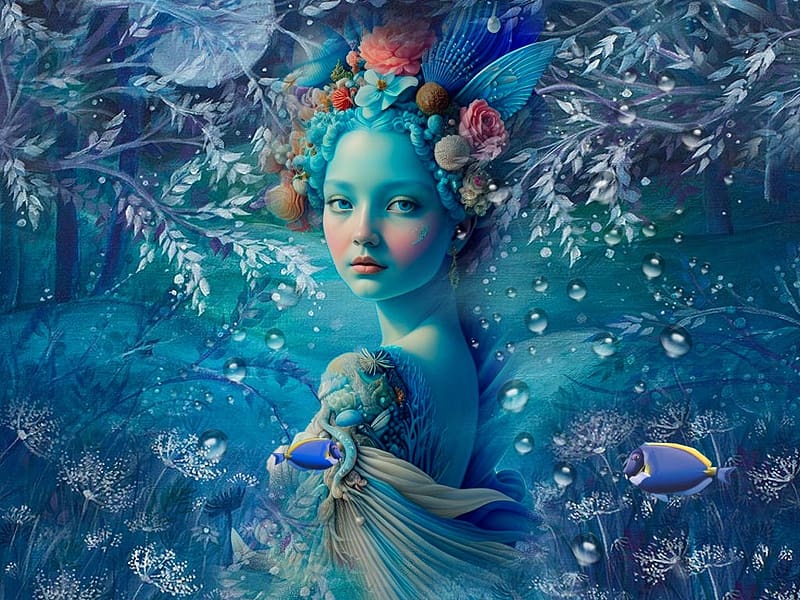Sea Princess, colorful, blue, sea, black, vibrant, girl, pink, vivid, bright, bold, fish, princess, bubbles, hat, HD wallpaper