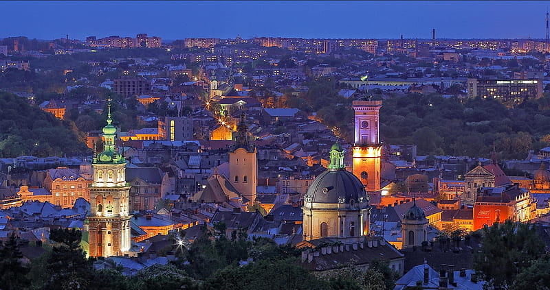 Lviv, Ukraine, city, towers, cityscape, churches, Evening, lights, HD wallpaper