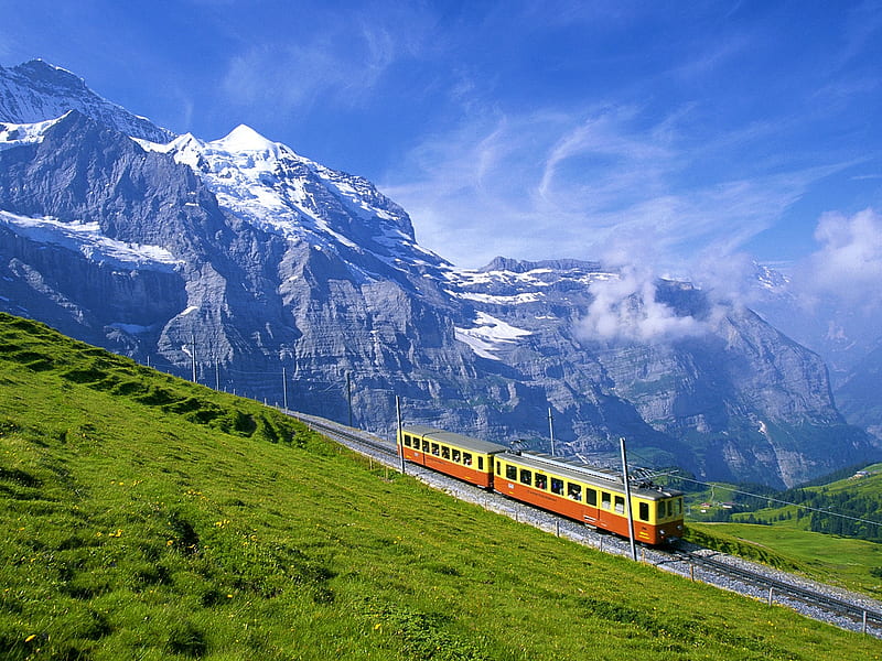 The Train in the Alps, train, green, mountains, nature, alps, sky, HD wallpaper