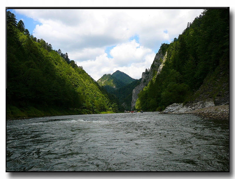 Dunajec, Poland, stream, rocks, river rafting, clouds, poland, river, forests, hills, shores, dunajec, spruces, sky, trees, pines, water, mountains, nature, HD wallpaper