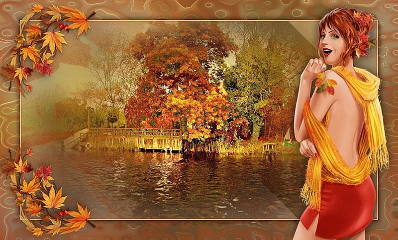 So Beautiful!, autumn, redhead, frame, fall, leaves, golden, HD wallpaper