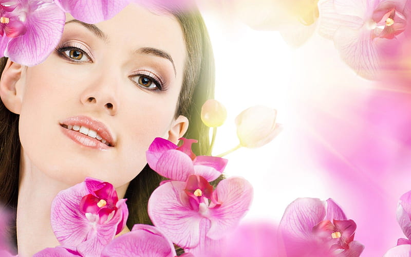 Woman, make-up, pink, orchidea, HD wallpaper