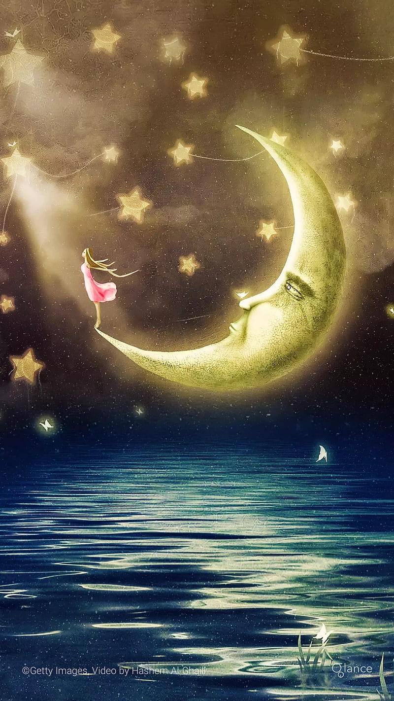 Moon night, cloud, girl, half moon, ocean, sky, star, HD phone wallpaper