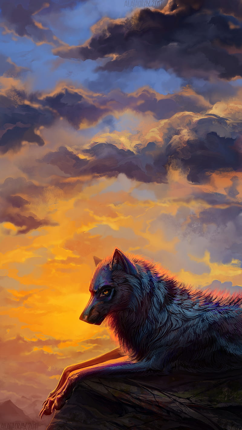 wolf, art, sunset, predator, HD phone wallpaper