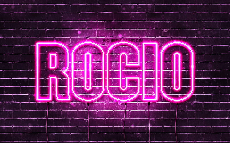 Rocio with names, female names, Rocio name, purple neon lights, Happy Birtay Rocio, popular spanish female names, with Rocio name, HD wallpaper