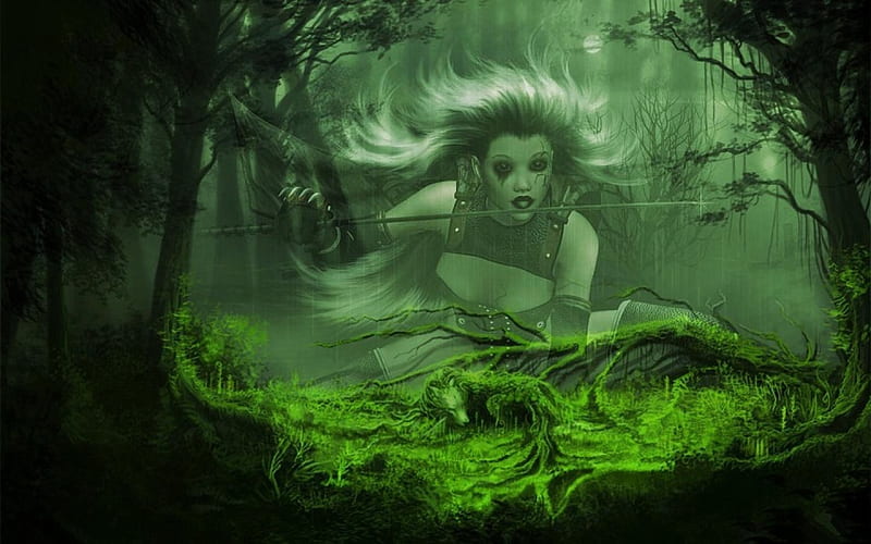 Woodland Warrior, forest, art, female, bonito, woman, fantasy, girl, green, manipulation, figure, serene digital, beauty, HD wallpaper