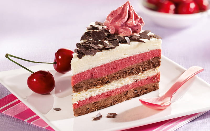 Cake, red, food, sweet, dessert, fruit, slice, pink, cream, cherry, HD wallpaper