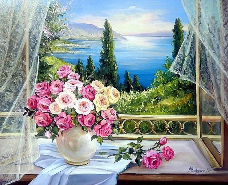 ✿⊱•╮Window with Roses╭•⊰✿, love four seasons, roses, paintings, bouquet, summer, views, flowers, nature, lovely stilly life, HD wallpaper