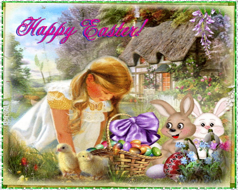 easter, text, easter egg, framed, girl, rabbits, garden, child, happy easter, HD wallpaper