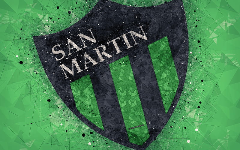 CA San Martin de San Juan logo, geometric art, Argentine football club, green abstract background, Argentine Primera Division, football, San Juan, Argentina, creative art, San Martin FC, HD wallpaper