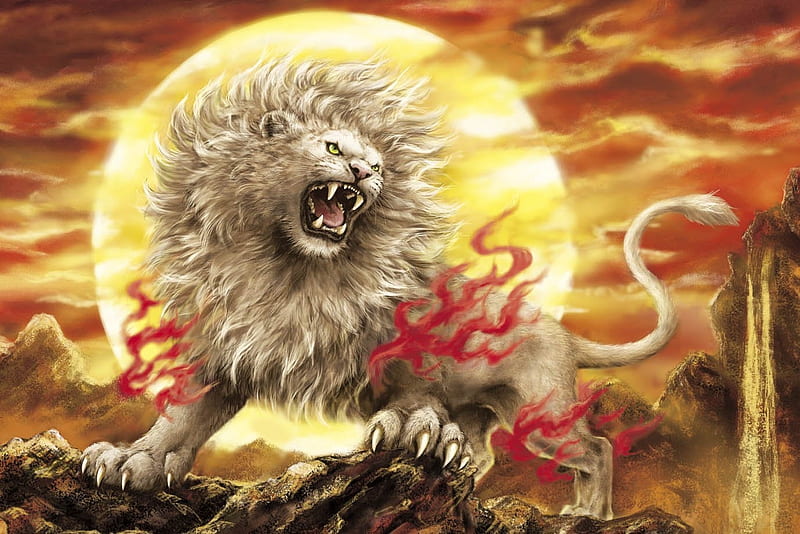 The Beast, fire, moon, painting, artwork, lion, HD wallpaper