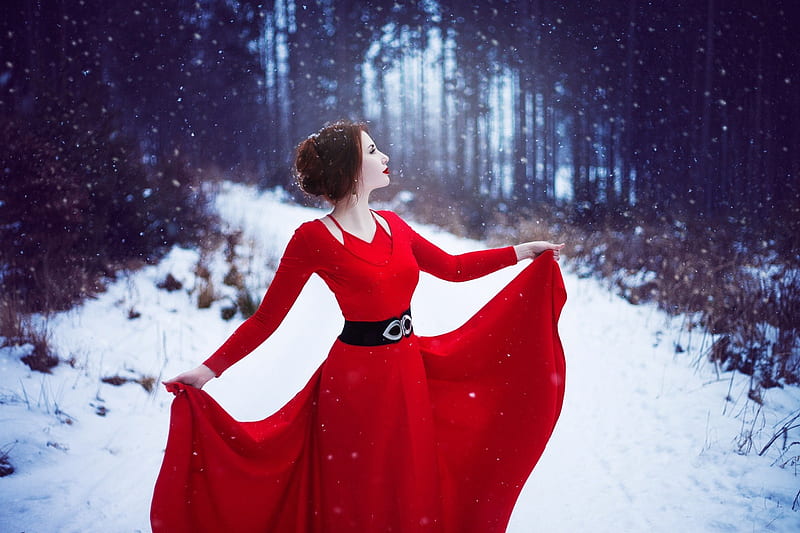 Red Dress Woman In Snow, girls, women, snow, dress, HD wallpaper