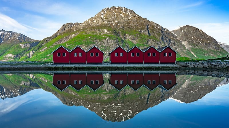 Boathouses in the marina at Sunndalsoera, Norway, mountains, water, reflections, landscape, clouds, sky, HD wallpaper