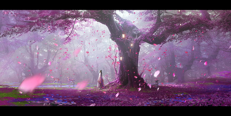 Serenity, sakura, art, frumusete, luminos, spring, wu xin, deer, tree, fantasy, girl, petals, pink, HD wallpaper