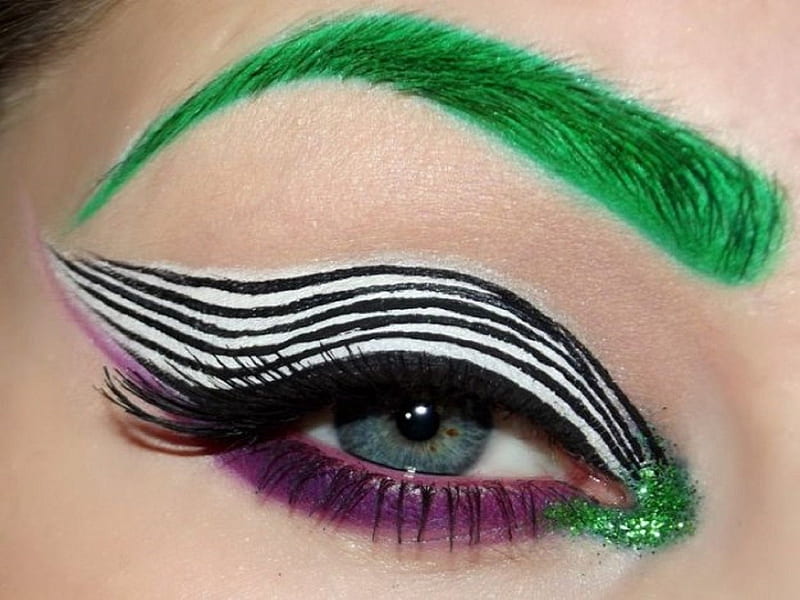 Arty eye, pretty, stripes, green, people, makeup, eyes, blue, HD wallpaper